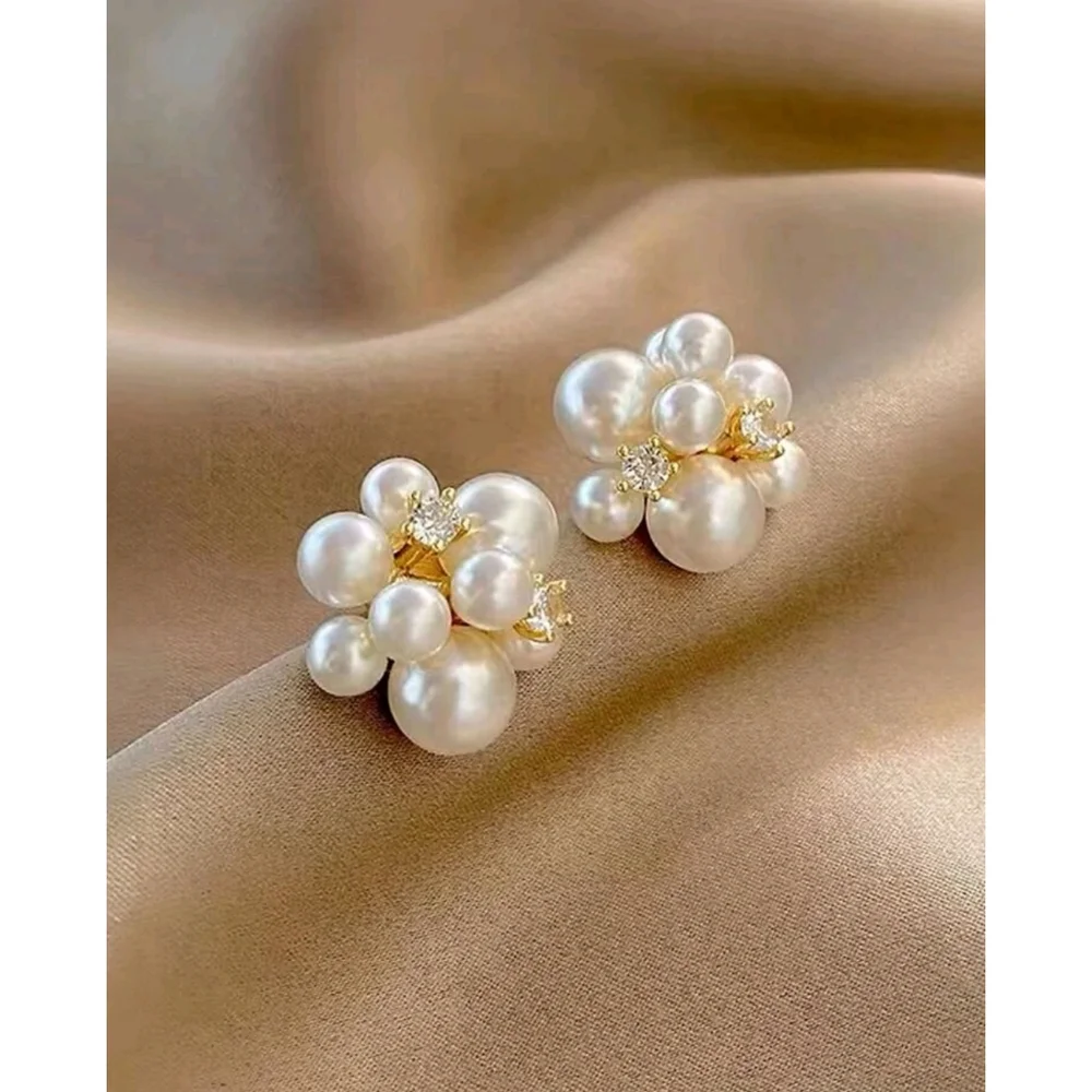 Anthropologie Audrey Pearl Cluster and Rhinestone Classy Stud Earrings - Picture 2 of 4